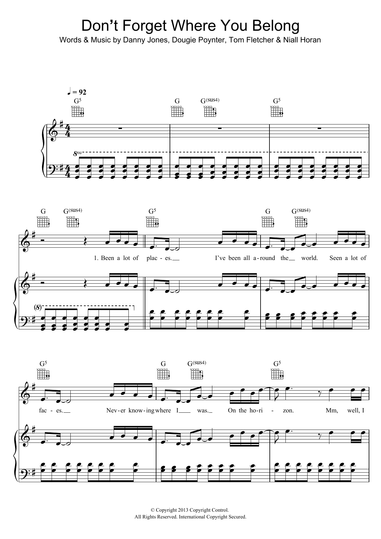 One Direction Don't Forget Where You Belong sheet music notes and chords arranged for Piano, Vocal & Guitar Chords