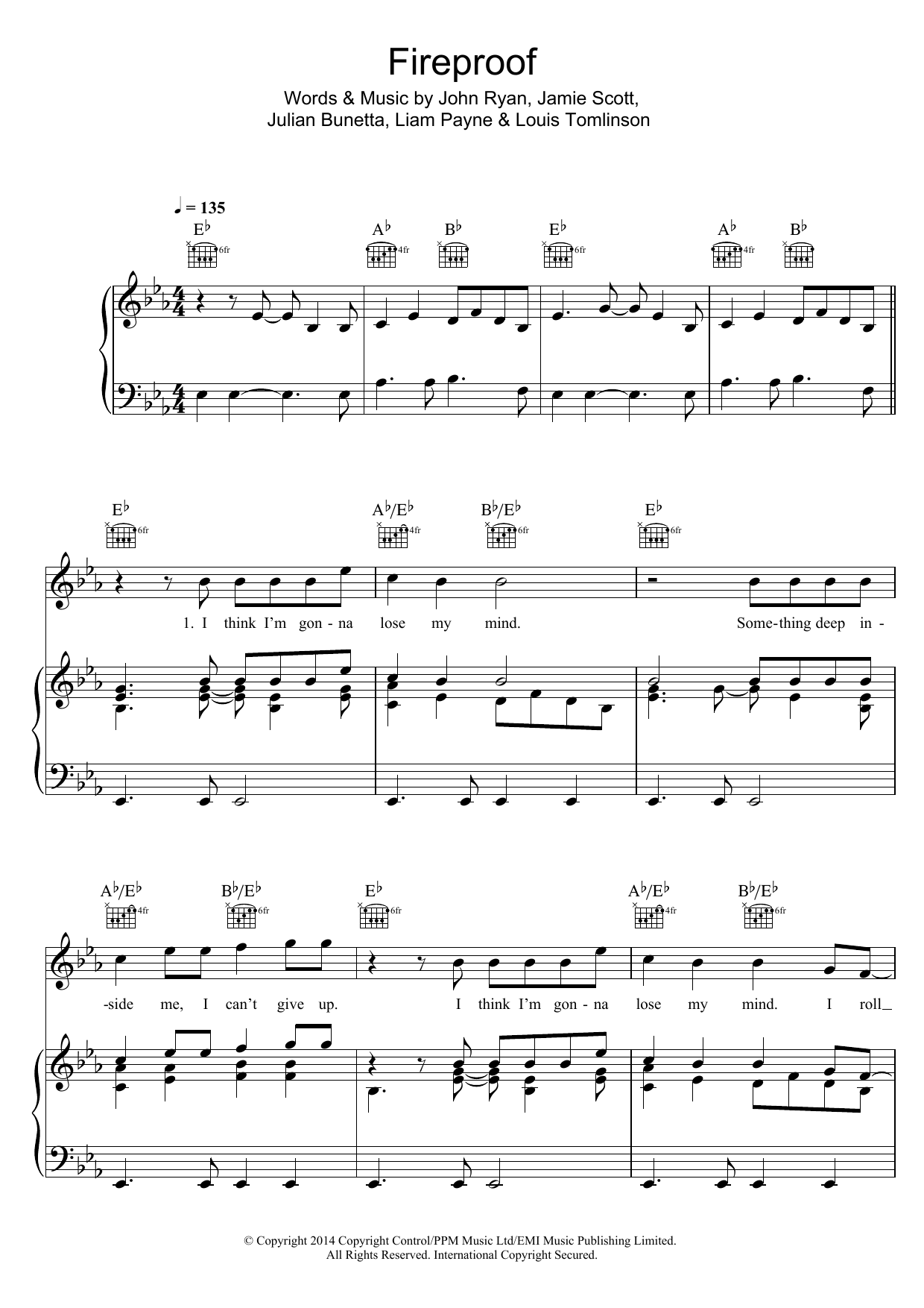 One Direction Fireproof sheet music notes and chords arranged for Piano, Vocal & Guitar Chords (Right-Hand Melody)