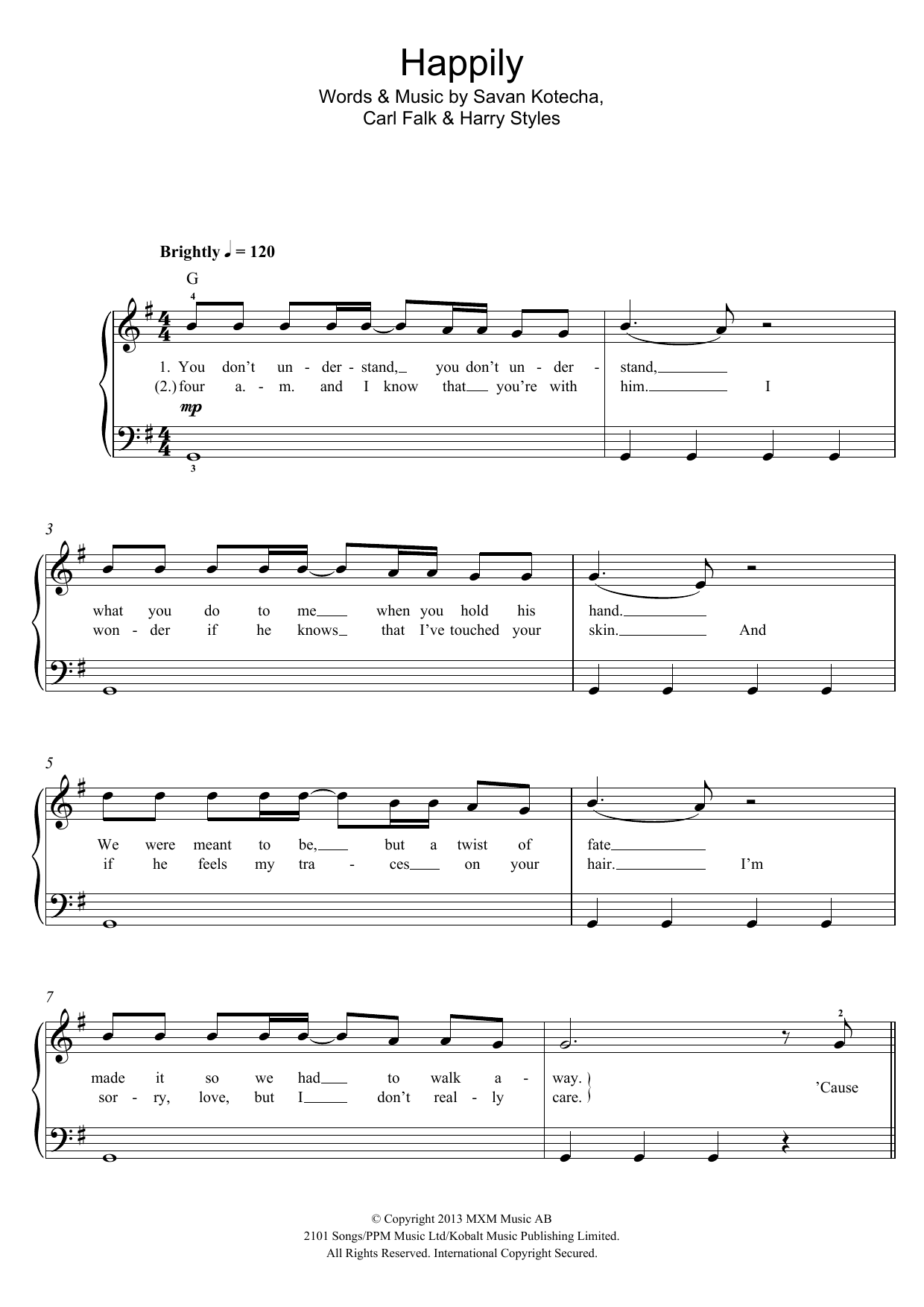 One Direction Happily sheet music notes and chords arranged for Piano, Vocal & Guitar Chords (Right-Hand Melody)