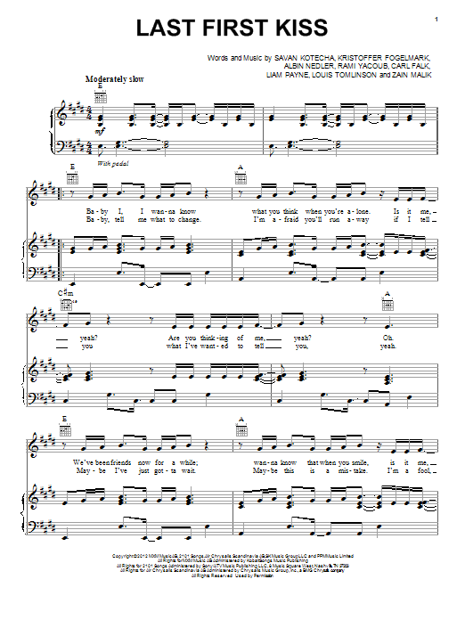 One Direction Last First Kiss sheet music notes and chords arranged for Piano, Vocal & Guitar Chords (Right-Hand Melody)