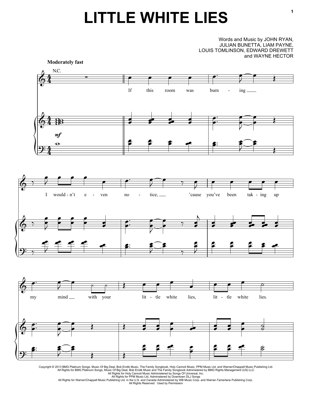 One Direction Little White Lies sheet music notes and chords arranged for Piano, Vocal & Guitar Chords (Right-Hand Melody)