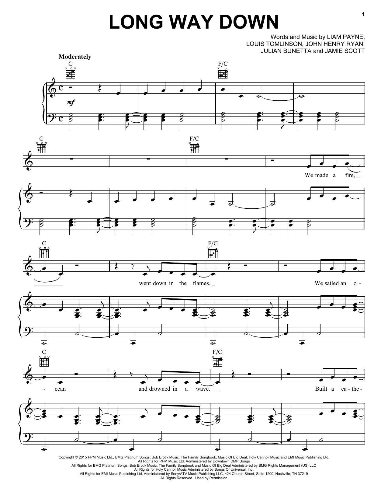 One Direction Long Way Down sheet music notes and chords arranged for Piano, Vocal & Guitar Chords (Right-Hand Melody)