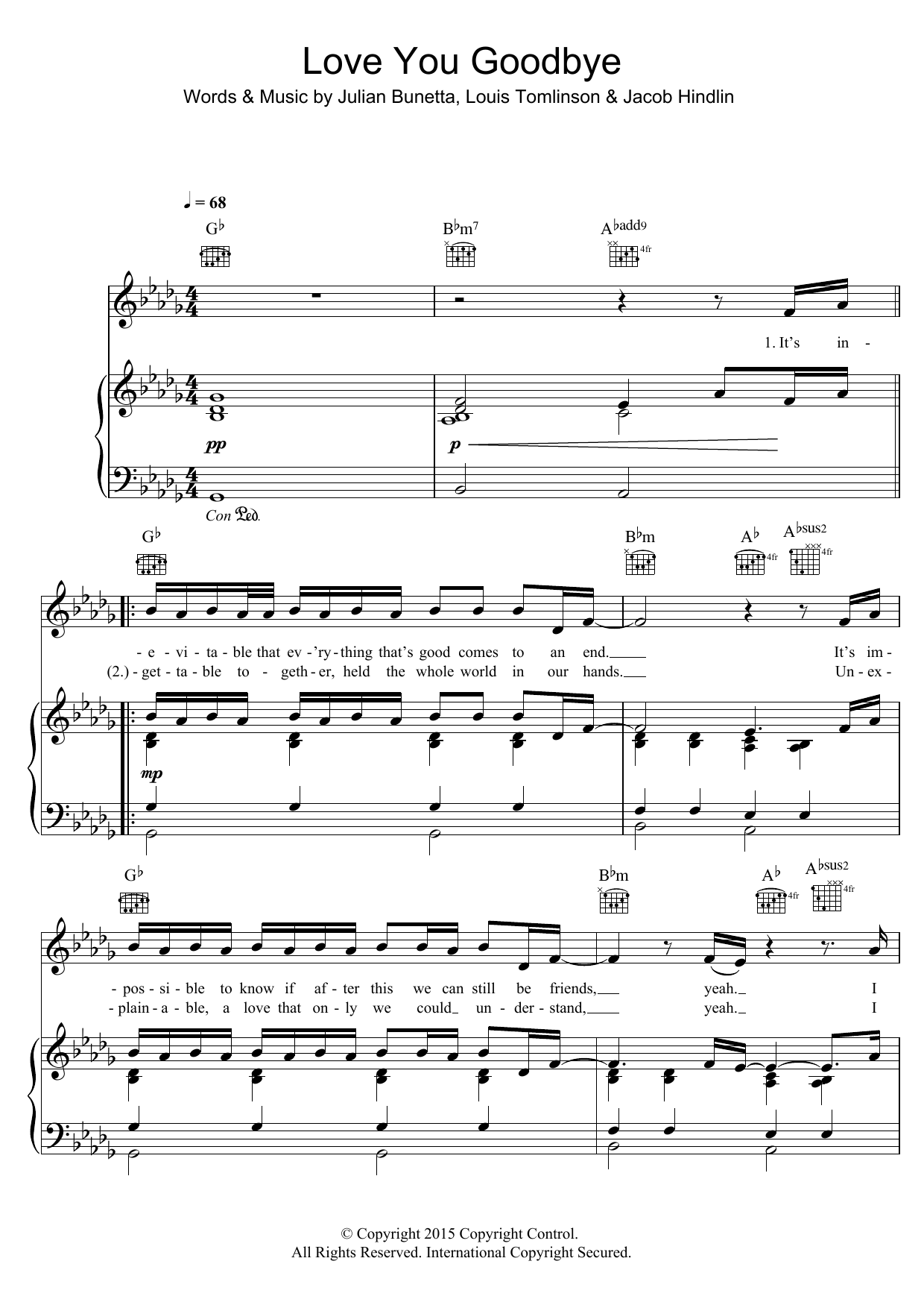 One Direction Love You Goodbye sheet music notes and chords arranged for Easy Piano