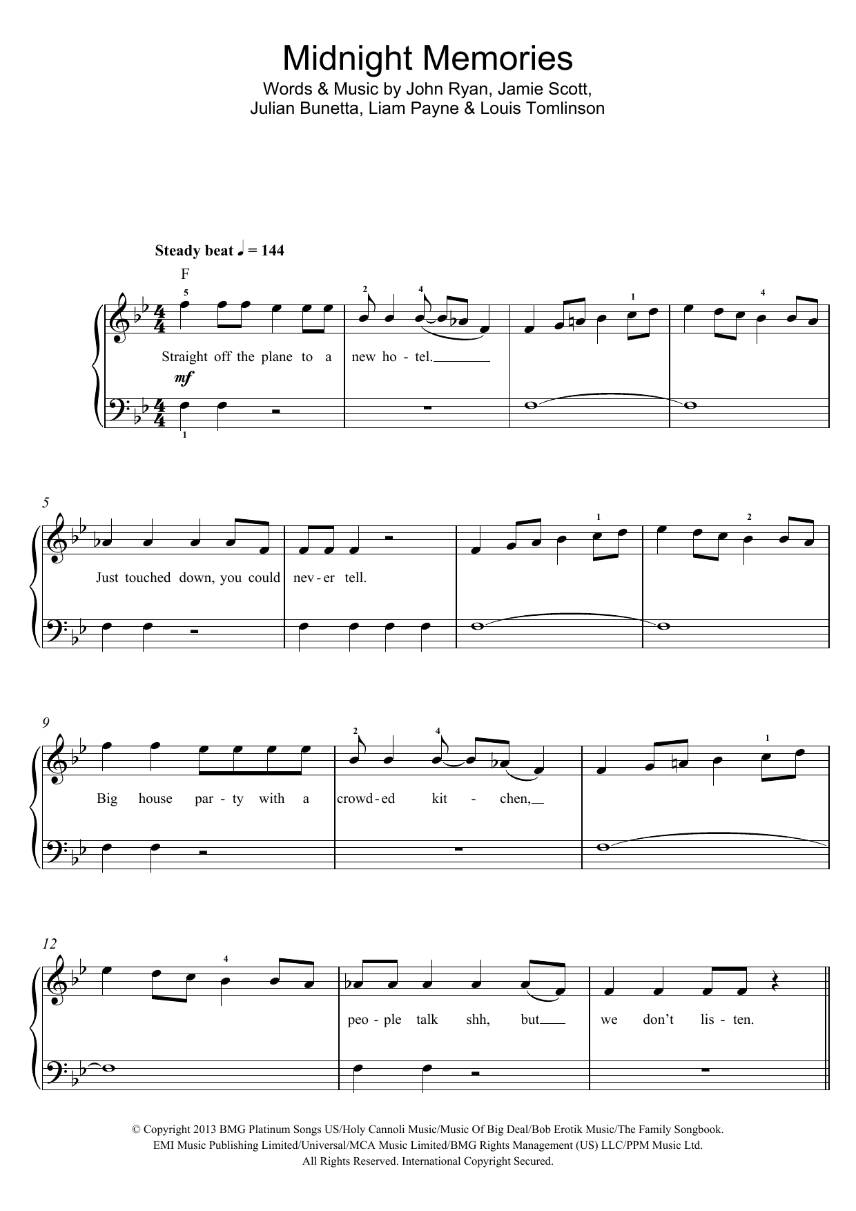 One Direction Midnight Memories sheet music notes and chords arranged for Piano, Vocal & Guitar Chords