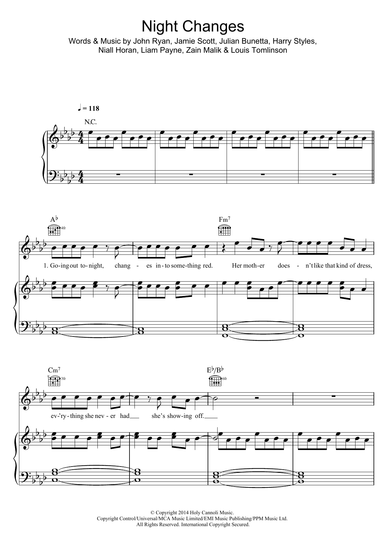 One Direction Night Changes sheet music notes and chords arranged for Piano, Vocal & Guitar Chords (Right-Hand Melody)