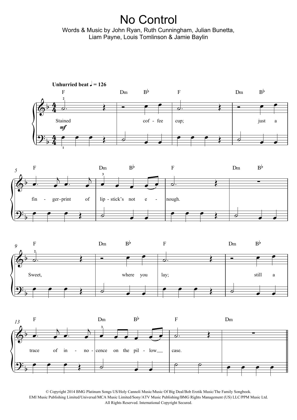 One Direction No Control sheet music notes and chords arranged for Piano, Vocal & Guitar Chords