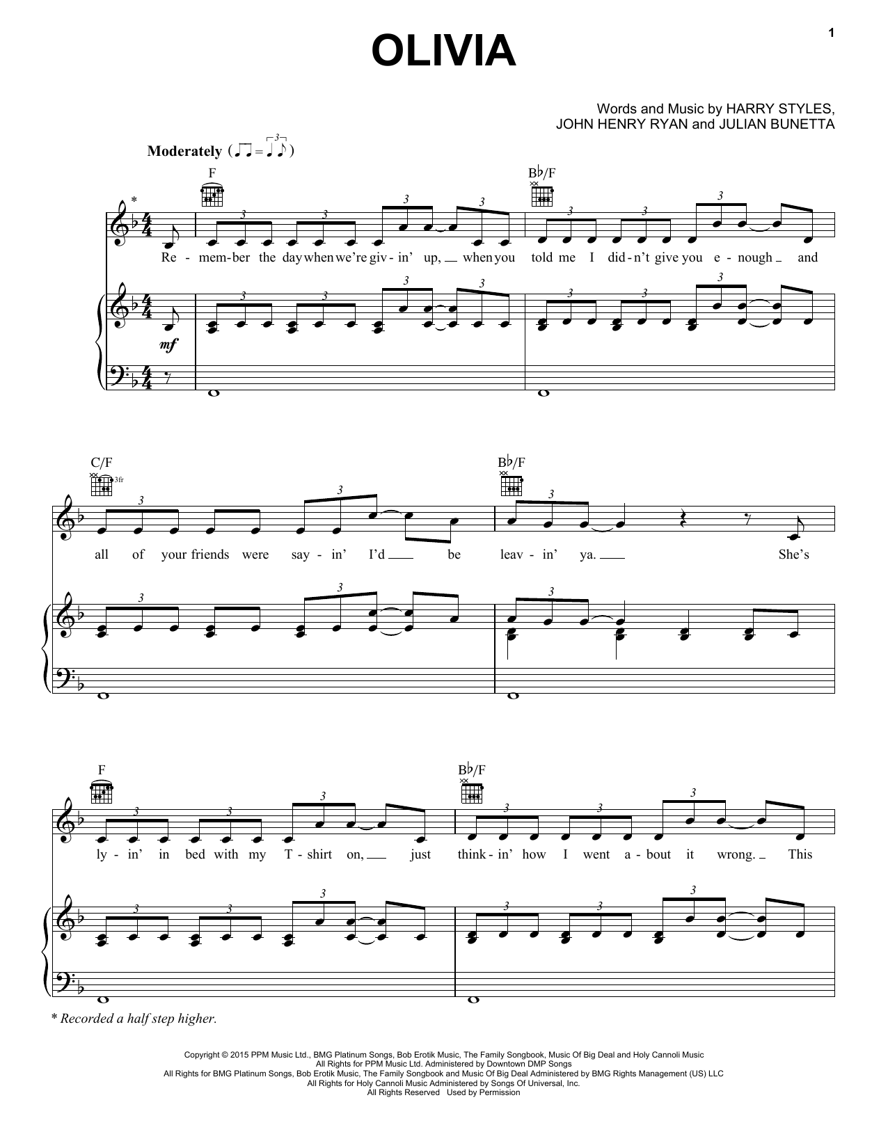 One Direction Olivia sheet music notes and chords arranged for Easy Piano
