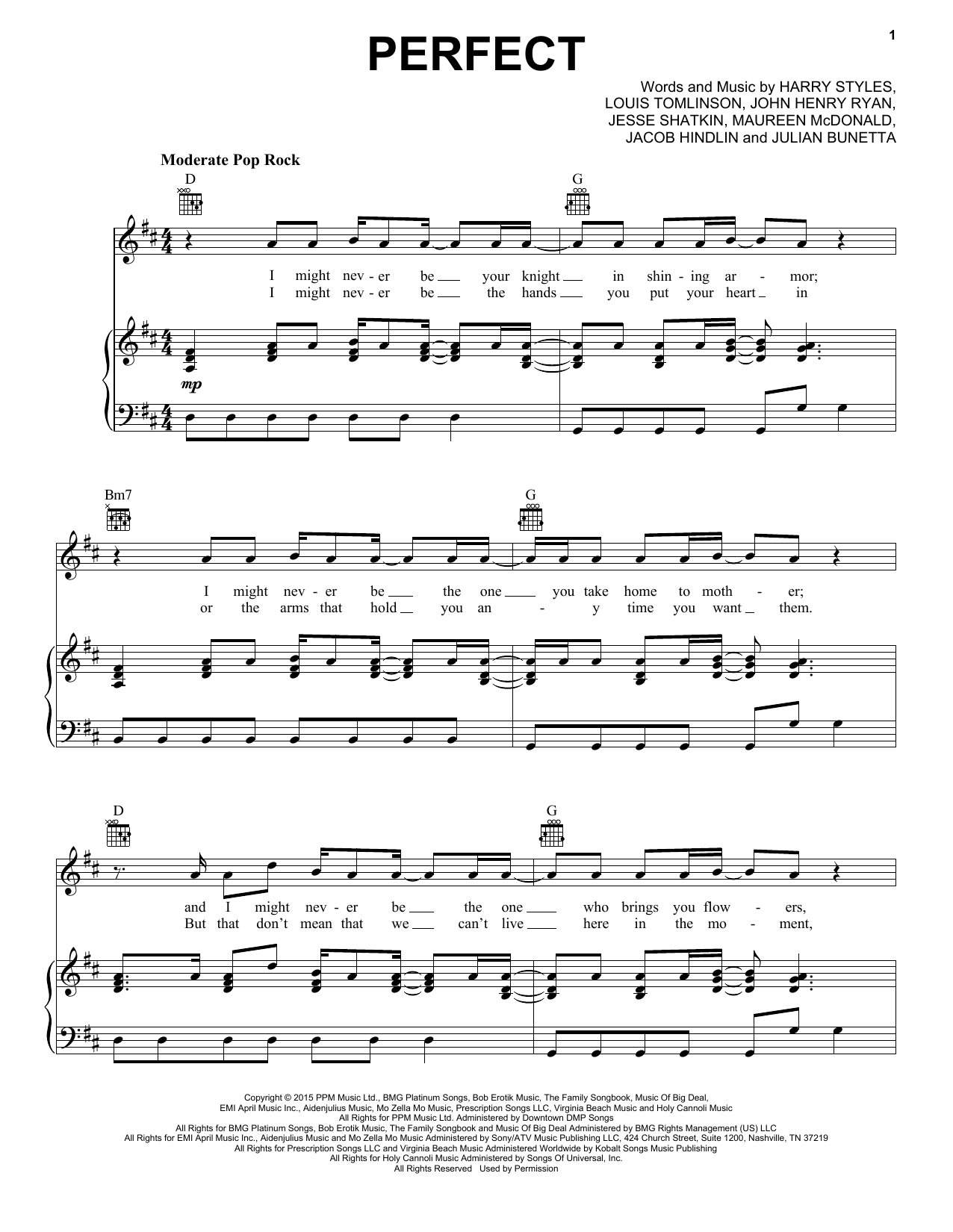 One Direction Perfect sheet music notes and chords arranged for Piano, Vocal & Guitar Chords (Right-Hand Melody)