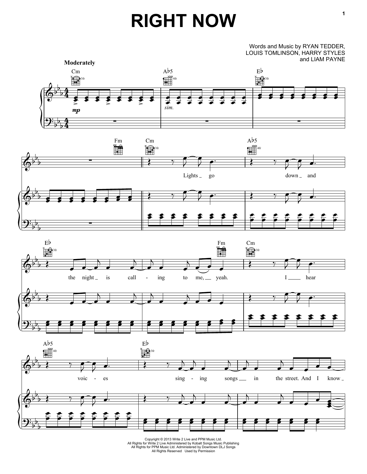 One Direction Right Now sheet music notes and chords arranged for Beginner Piano