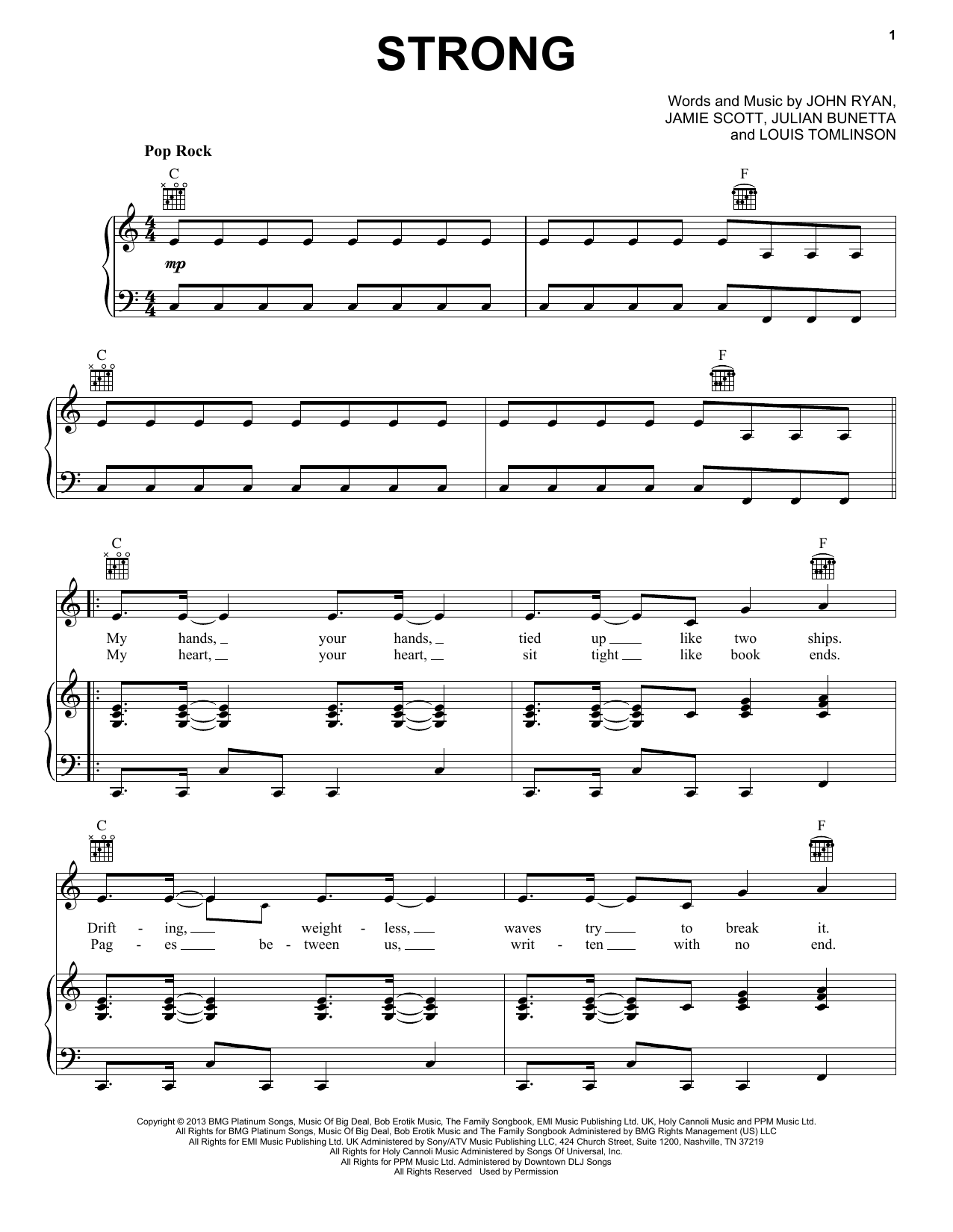 One Direction Strong sheet music notes and chords arranged for Piano, Vocal & Guitar Chords (Right-Hand Melody)