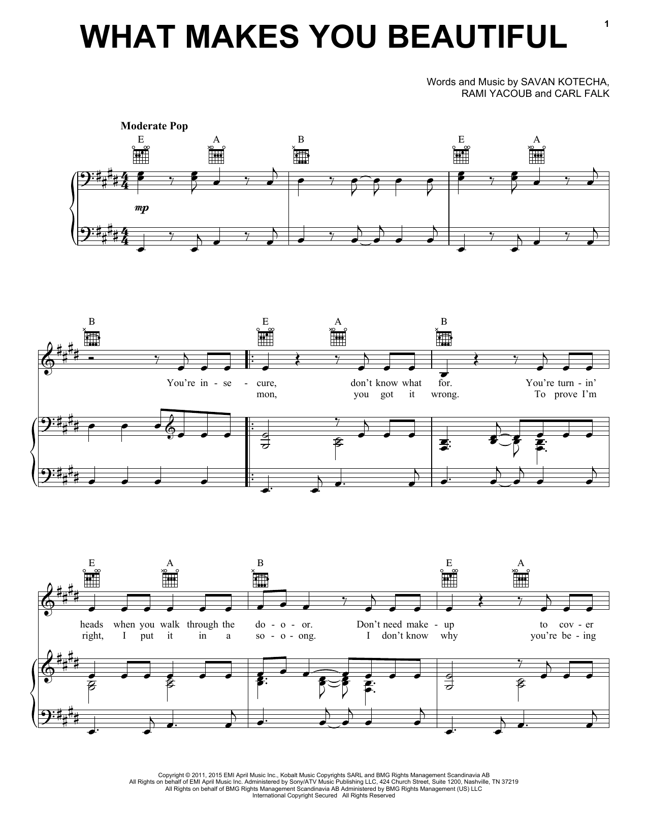 One Direction What Makes You Beautiful sheet music notes and chords arranged for Easy Guitar