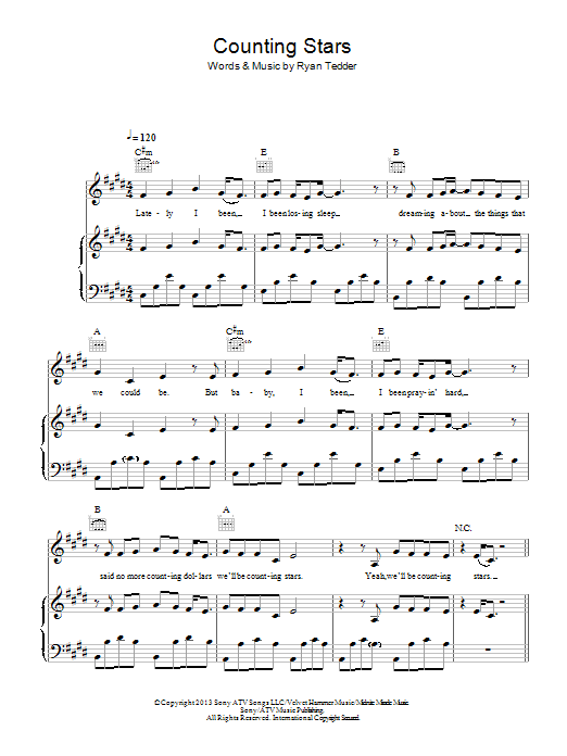 One Republic Counting Stars sheet music notes and chords arranged for Piano, Vocal & Guitar Chords (Right-Hand Melody)