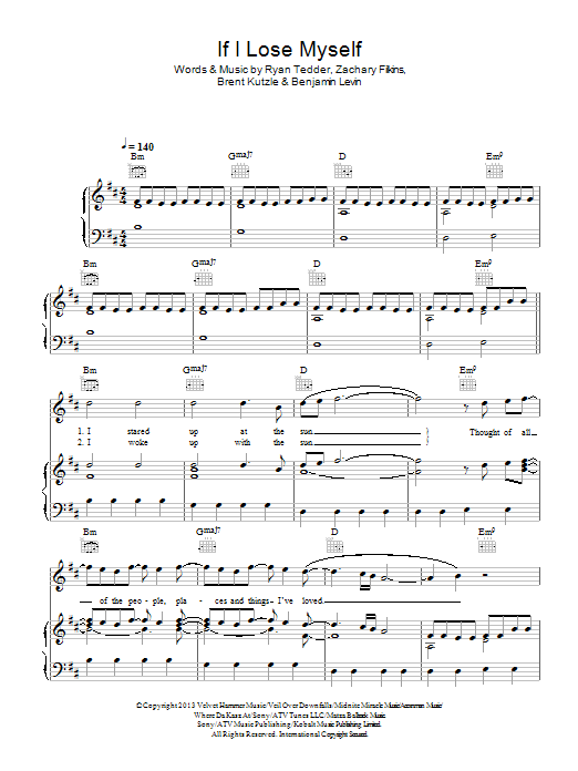 One Republic If I Lose Myself sheet music notes and chords arranged for Piano, Vocal & Guitar Chords