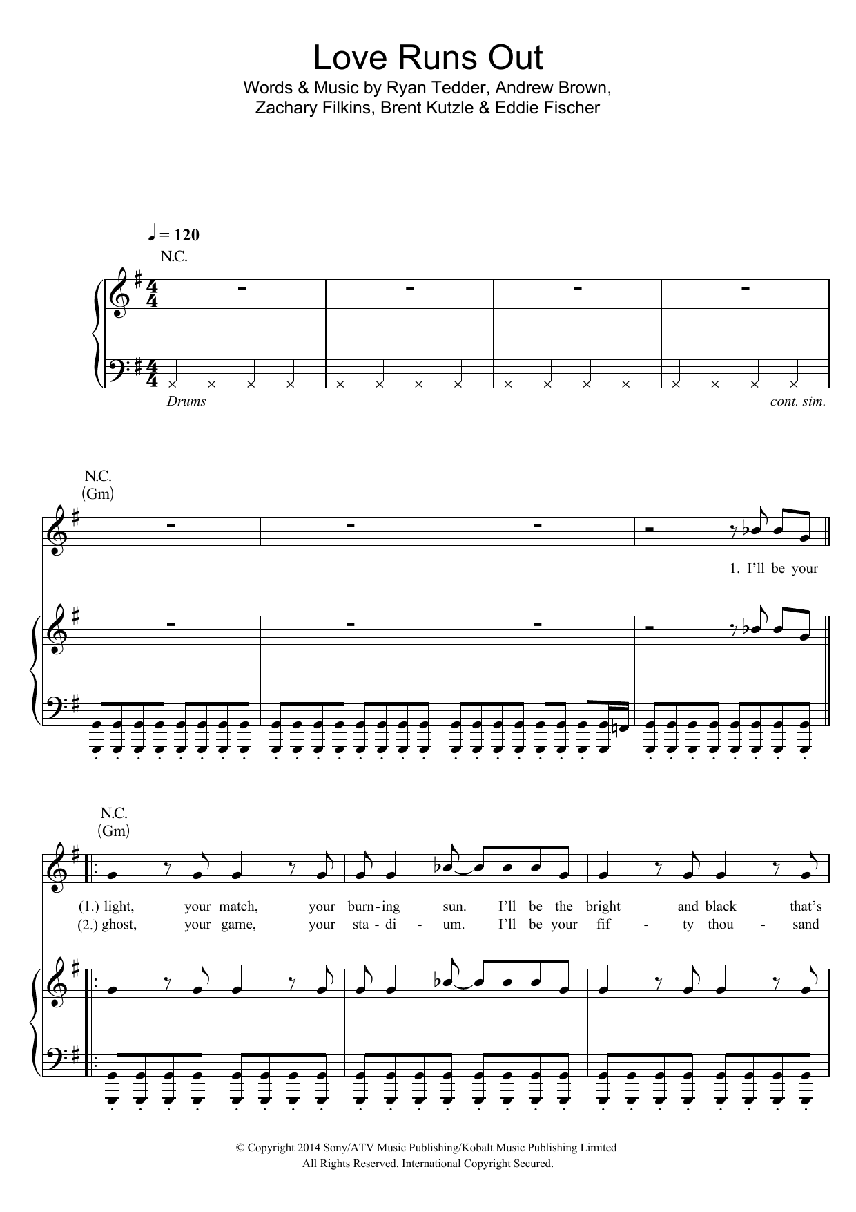 One Republic Love Runs Out sheet music notes and chords arranged for Piano, Vocal & Guitar Chords (Right-Hand Melody)