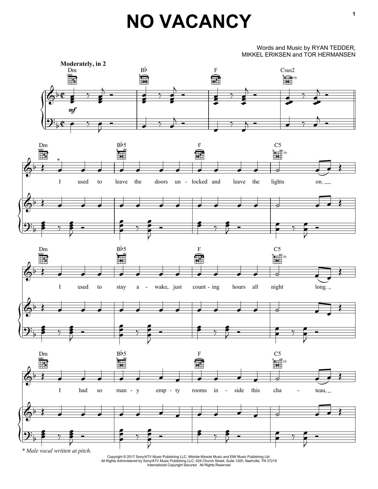 One Republic No Vacancy sheet music notes and chords arranged for Piano, Vocal & Guitar Chords (Right-Hand Melody)
