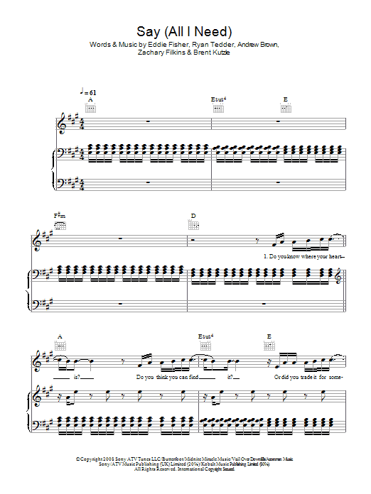 One Republic Say (All I Need) sheet music notes and chords arranged for Piano, Vocal & Guitar Chords