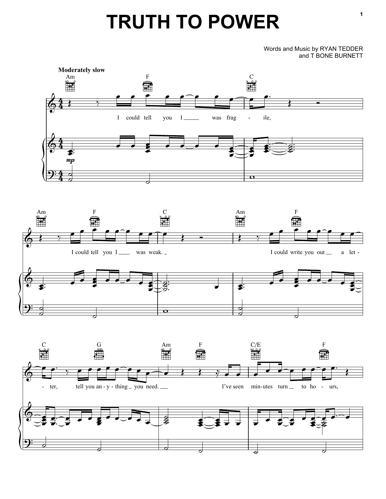 One Republic Truth To Power sheet music notes and chords arranged for Piano, Vocal & Guitar Chords (Right-Hand Melody)
