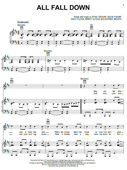 OneRepublic All Fall Down sheet music notes and chords arranged for Piano, Vocal & Guitar Chords (Right-Hand Melody)