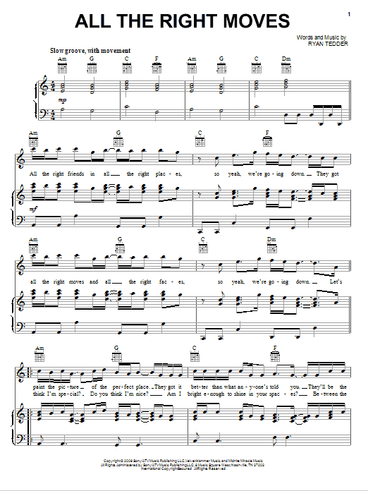 OneRepublic All The Right Moves sheet music notes and chords arranged for Piano, Vocal & Guitar Chords