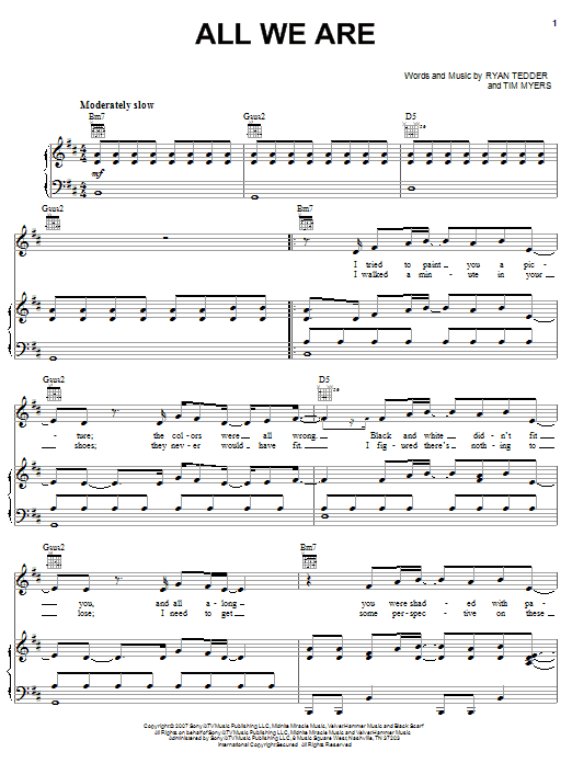OneRepublic All We Are sheet music notes and chords arranged for Piano, Vocal & Guitar Chords (Right-Hand Melody)