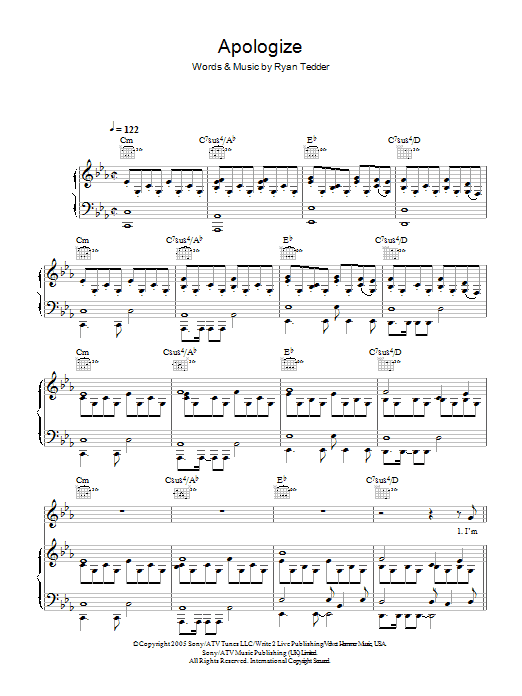 OneRepublic Apologize sheet music notes and chords arranged for Piano, Vocal & Guitar Chords