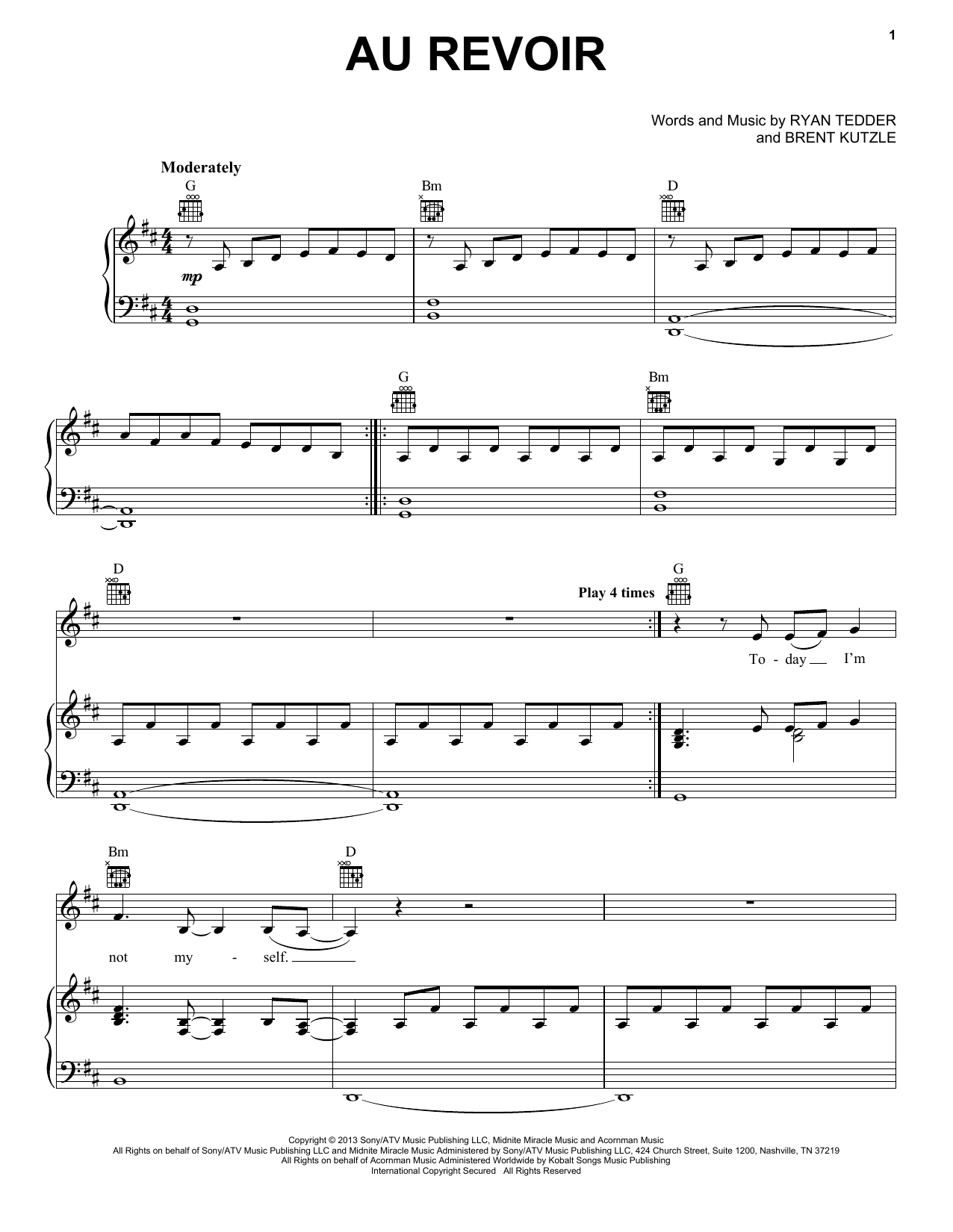 OneRepublic Au Revoir sheet music notes and chords arranged for Piano, Vocal & Guitar Chords (Right-Hand Melody)