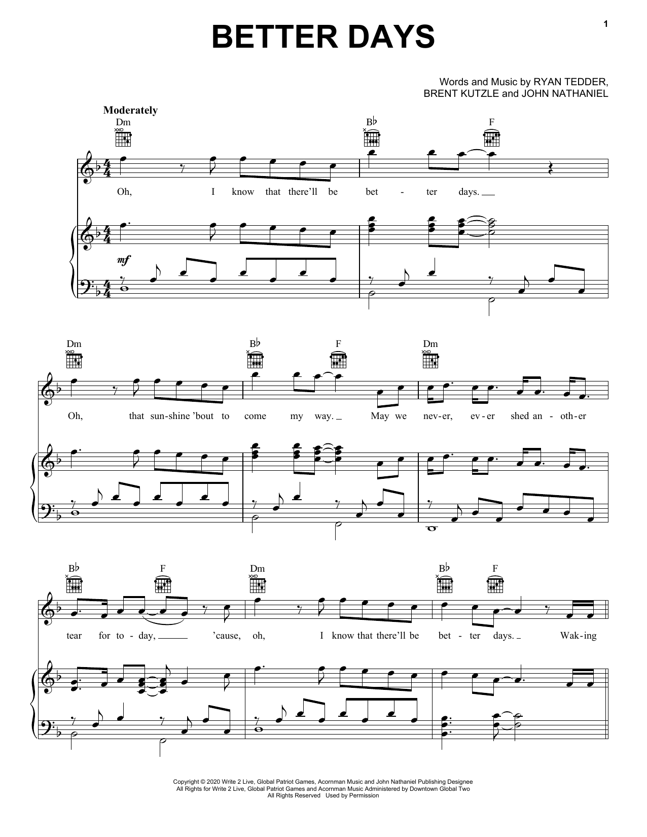 OneRepublic Better Days sheet music notes and chords arranged for Piano, Vocal & Guitar Chords (Right-Hand Melody)