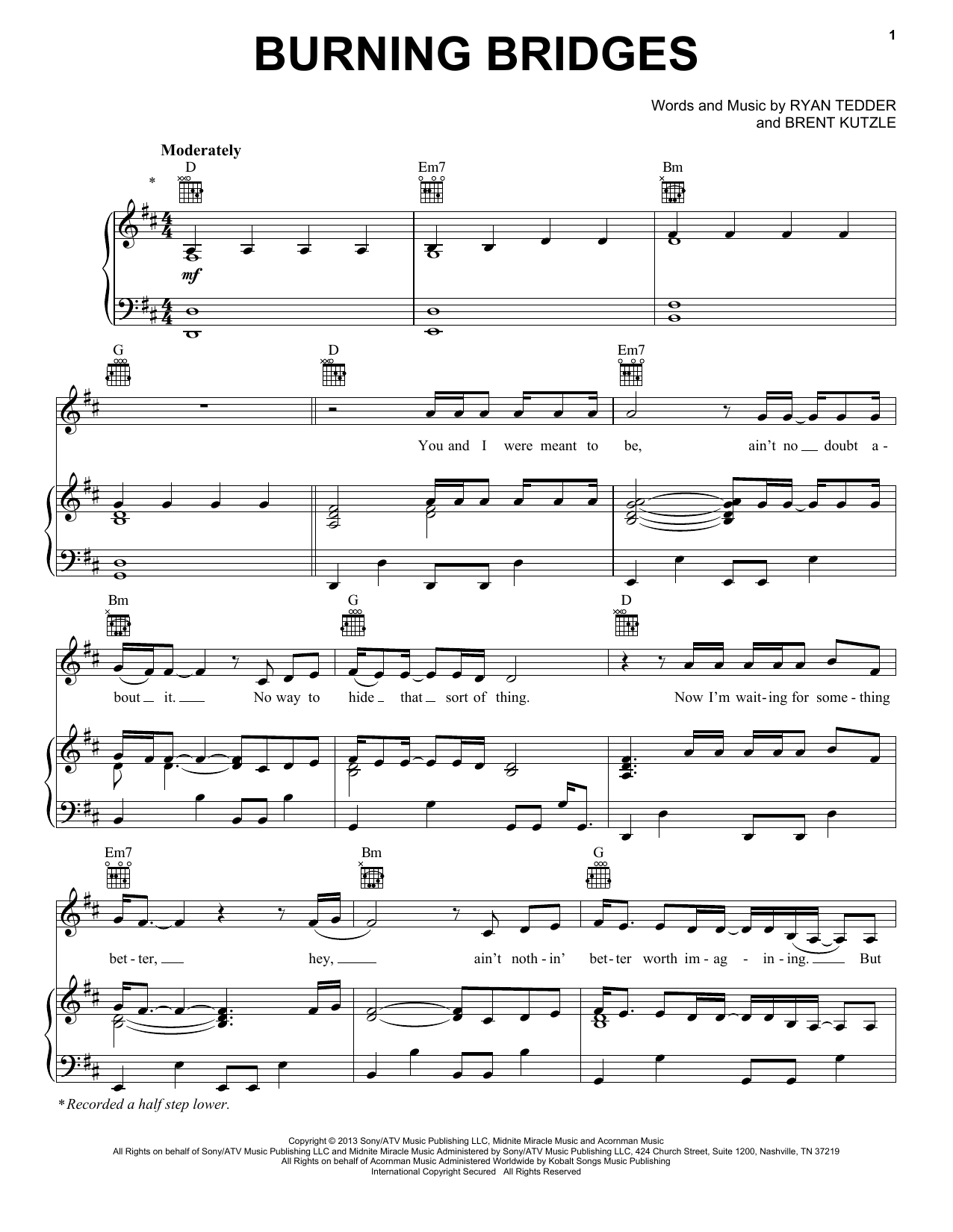 OneRepublic Burning Bridges sheet music notes and chords arranged for Piano, Vocal & Guitar Chords (Right-Hand Melody)
