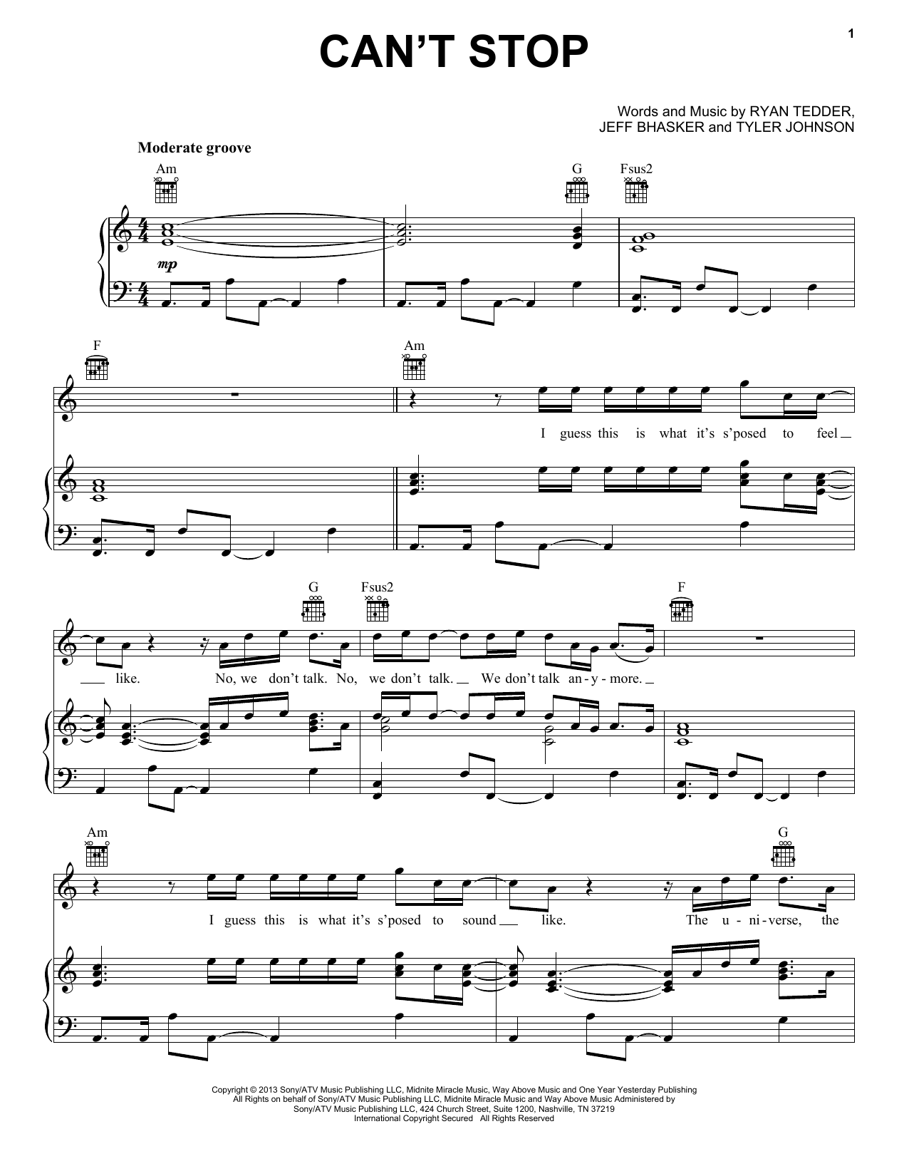 OneRepublic Can't Stop sheet music notes and chords arranged for Piano, Vocal & Guitar Chords (Right-Hand Melody)