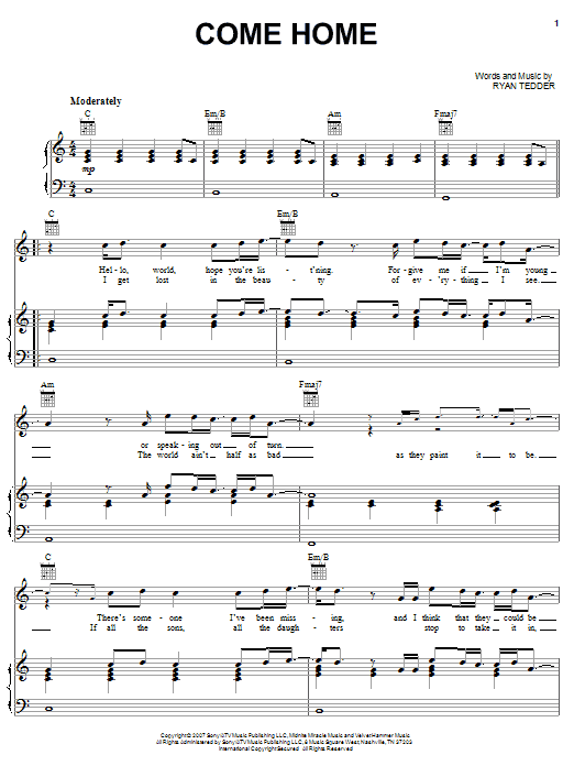 OneRepublic Come Home sheet music notes and chords arranged for Piano, Vocal & Guitar Chords (Right-Hand Melody)