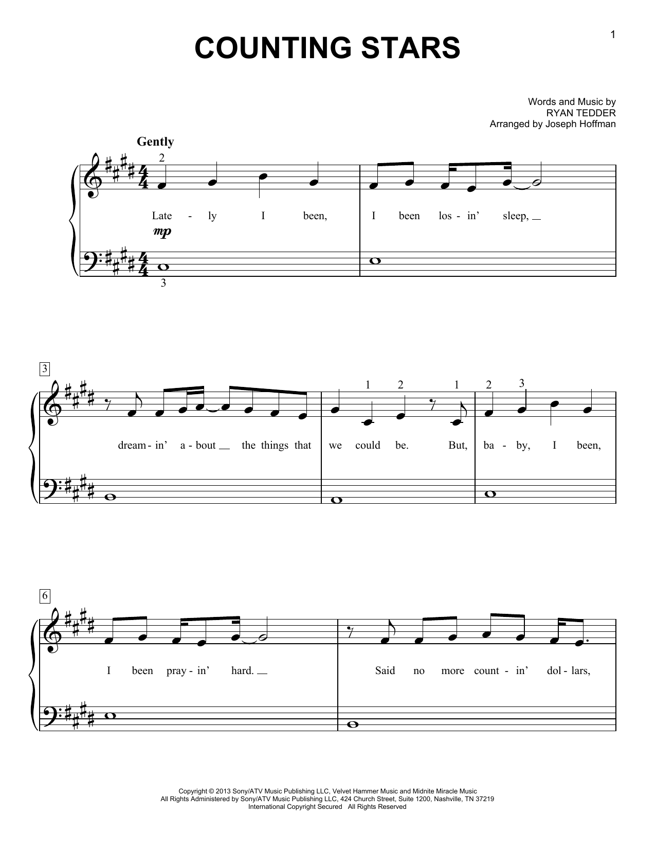 OneRepublic Counting Stars (arr. Joseph Hoffman) sheet music notes and chords arranged for Easy Piano
