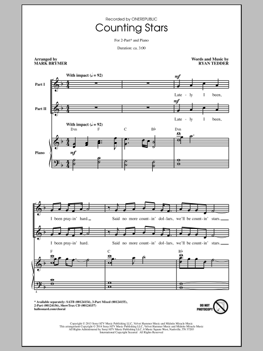 OneRepublic Counting Stars (arr. Mark Brymer) sheet music notes and chords arranged for SATB Choir