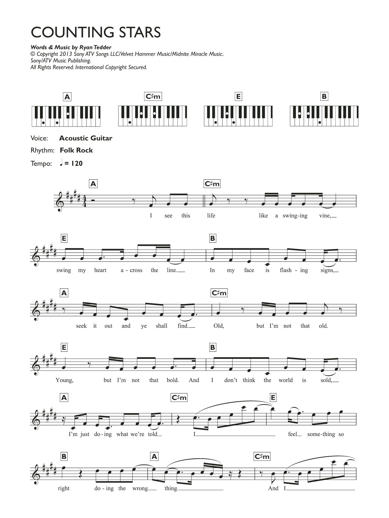 OneRepublic Counting Stars sheet music notes and chords arranged for Piano, Vocal & Guitar Chords (Right-Hand Melody)