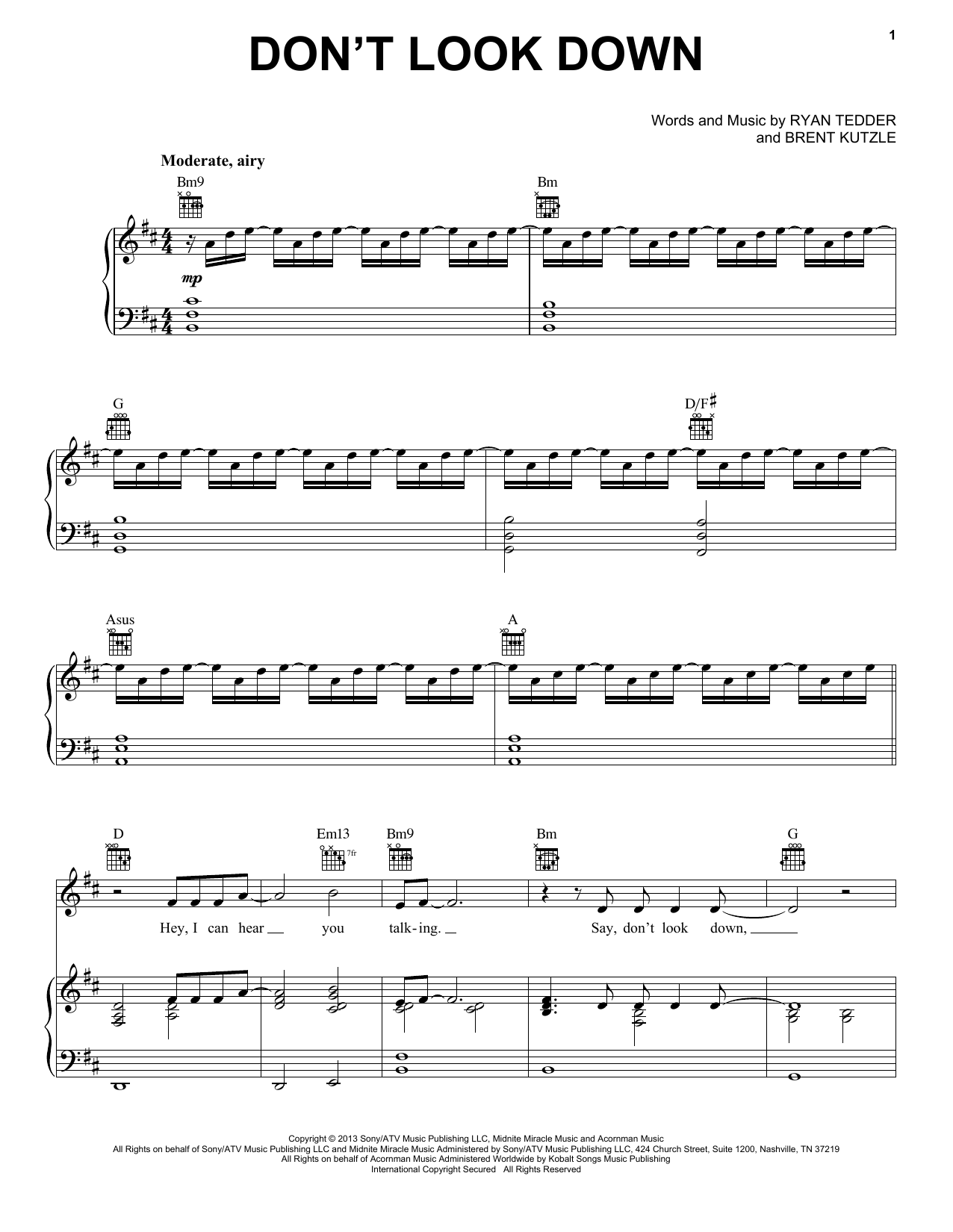 OneRepublic Don't Look Down sheet music notes and chords arranged for Piano, Vocal & Guitar Chords (Right-Hand Melody)