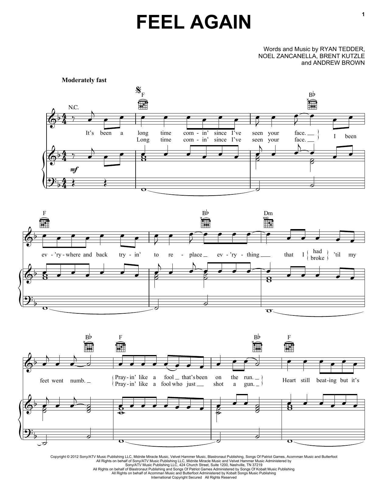 OneRepublic Feel Again sheet music notes and chords arranged for Easy Piano
