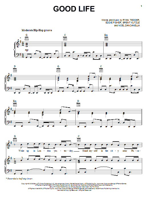 OneRepublic Good Life sheet music notes and chords arranged for Piano, Vocal & Guitar Chords (Right-Hand Melody)