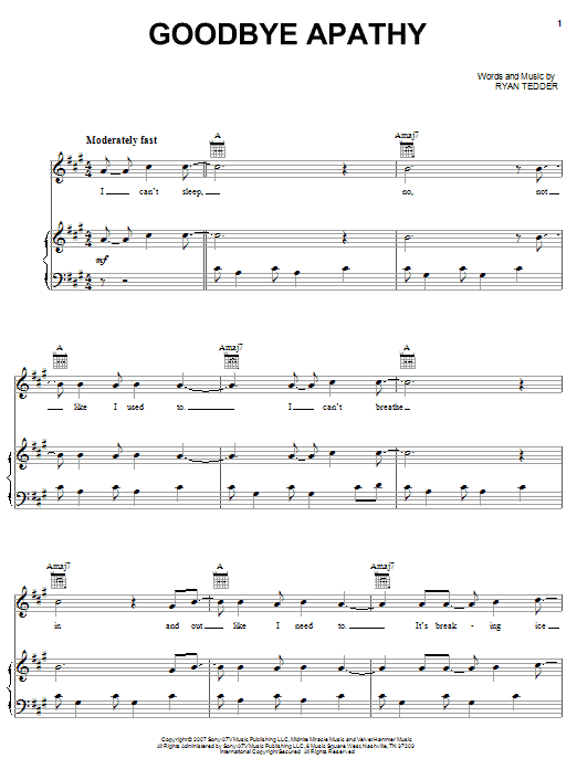 OneRepublic Goodbye Apathy sheet music notes and chords arranged for Piano, Vocal & Guitar Chords (Right-Hand Melody)