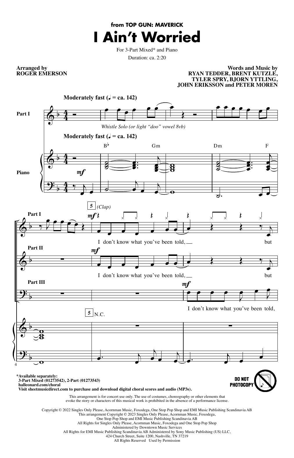 OneRepublic I Ain't Worried (arr. Roger Emerson) sheet music notes and chords arranged for 3-Part Mixed Choir