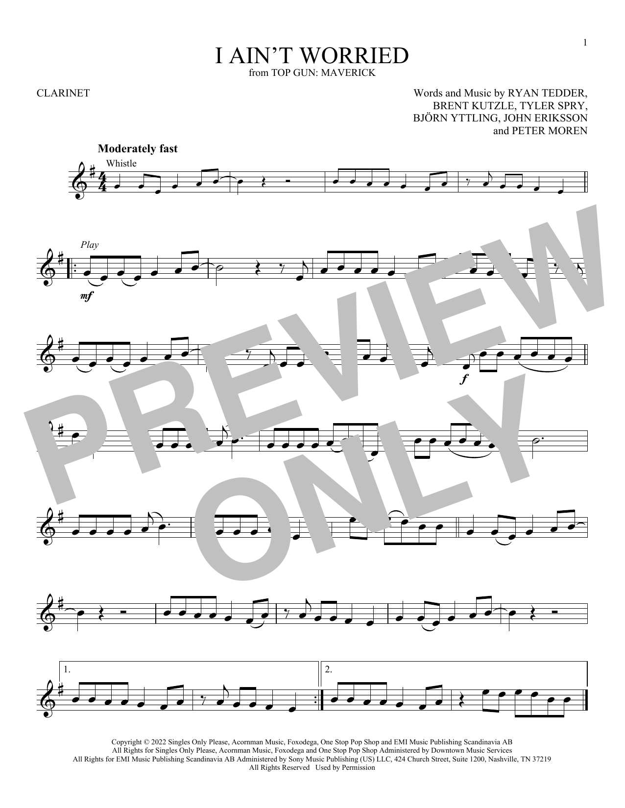 OneRepublic I Ain't Worried (from Top Gun: Maverick) sheet music notes and chords arranged for Tenor Sax Solo