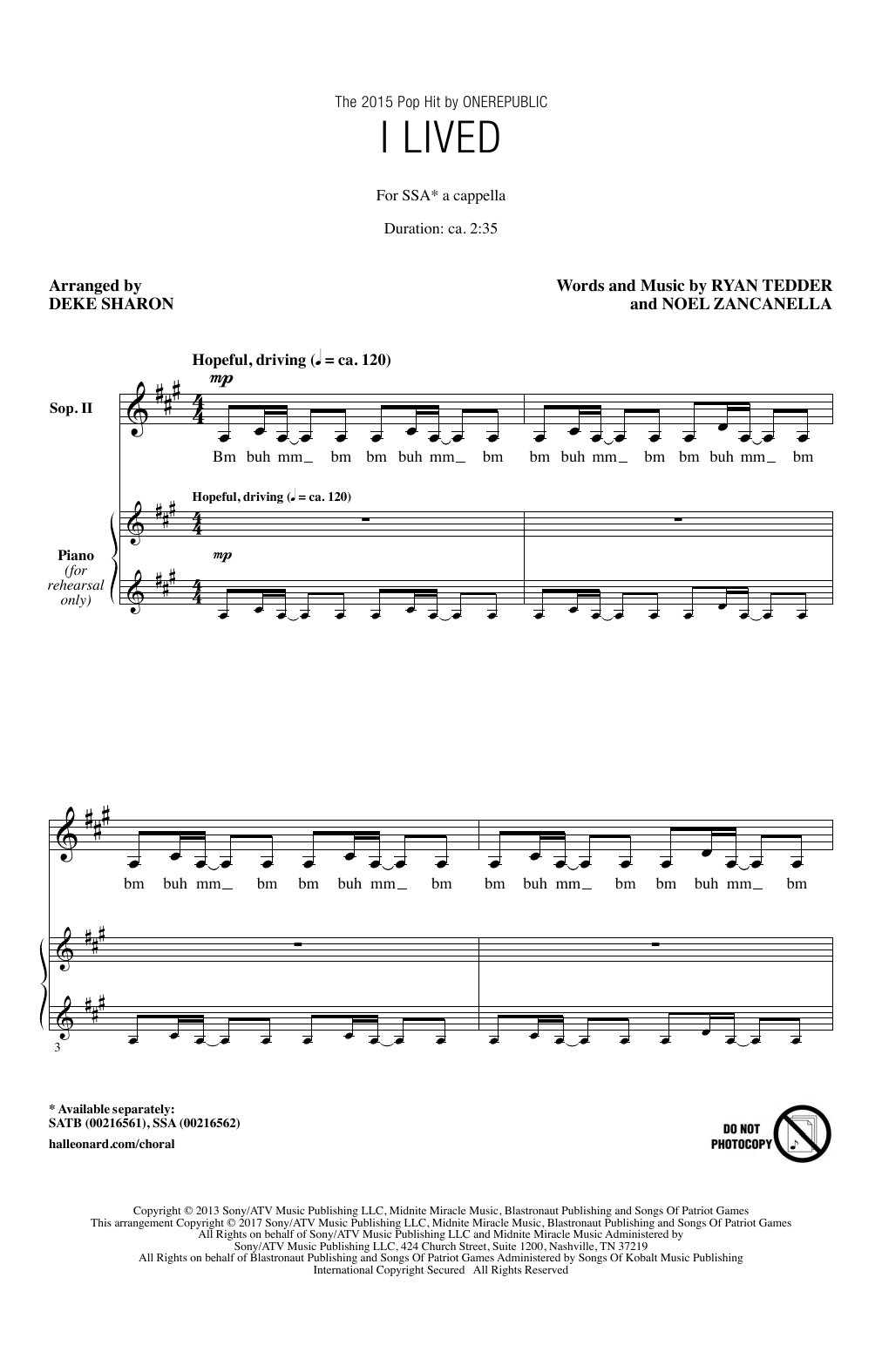OneRepublic I Lived (arr. Deke Sharon) sheet music notes and chords arranged for SSA Choir