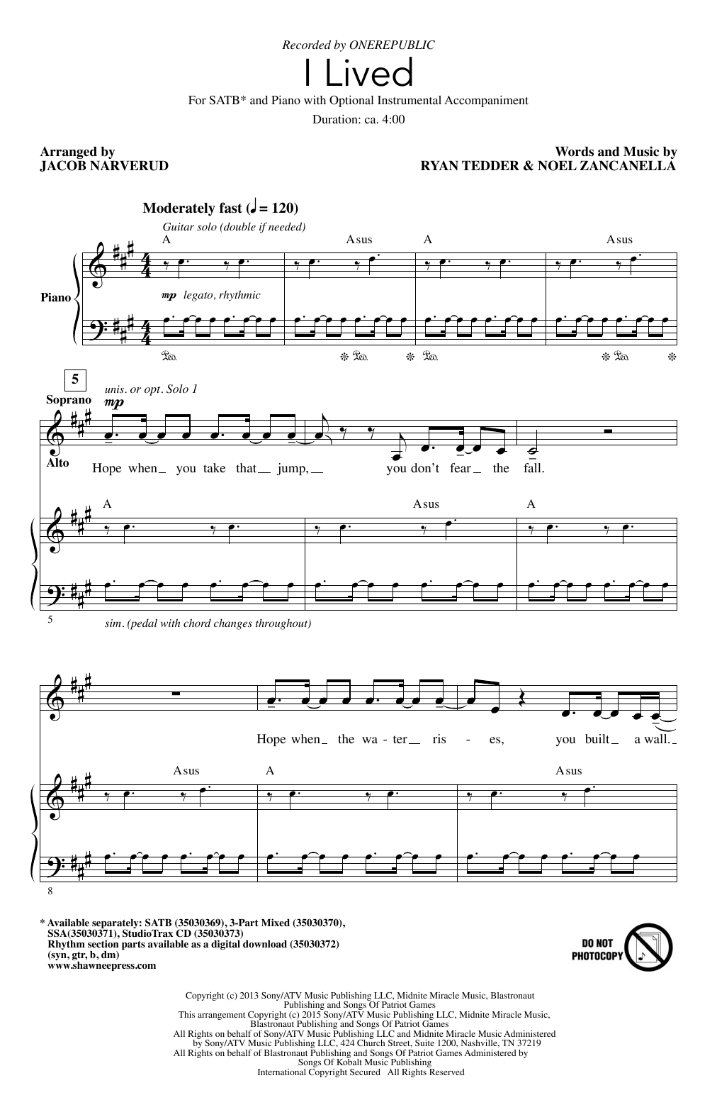 OneRepublic I Lived (arr. Jacob Narverud) sheet music notes and chords arranged for SATB Choir