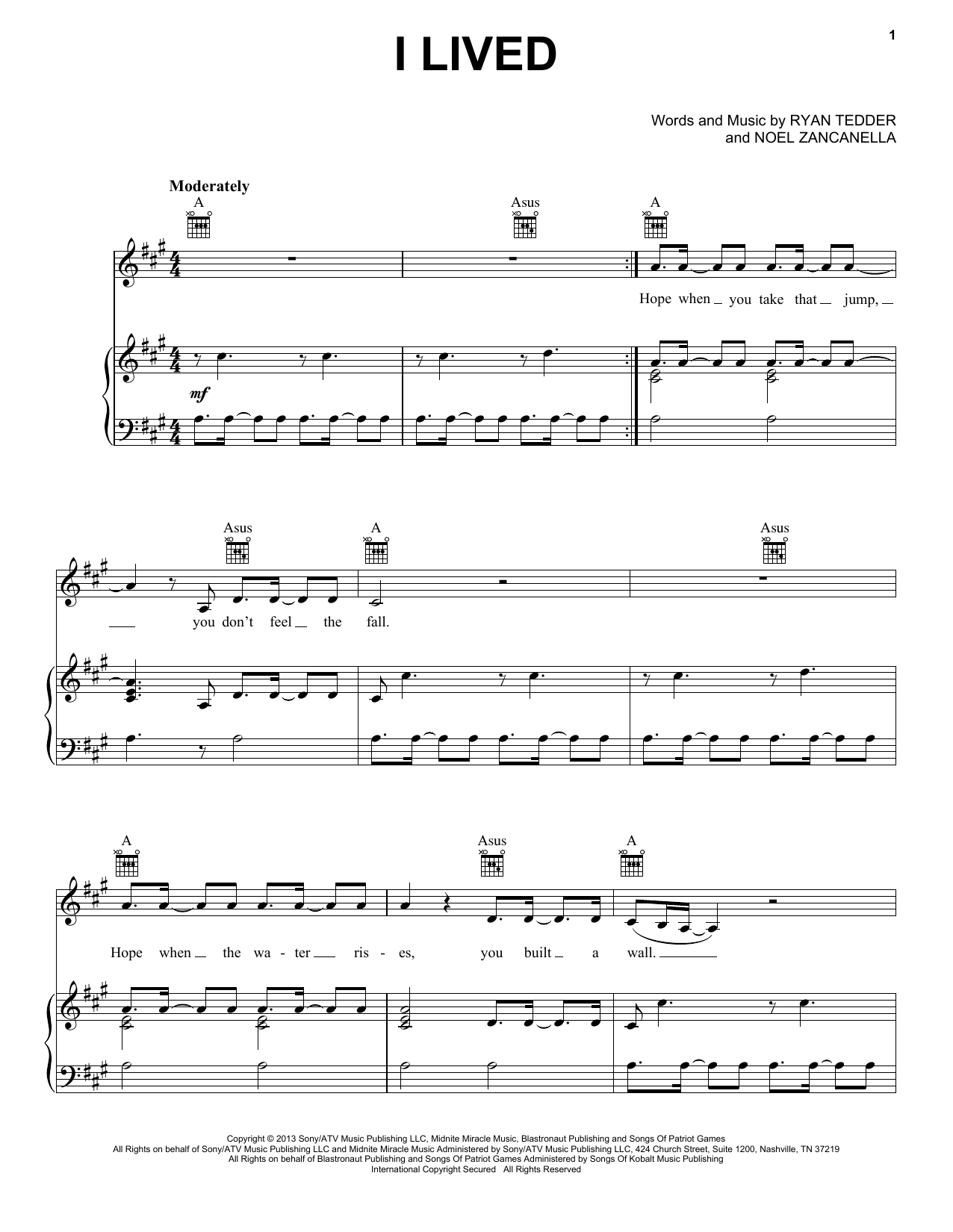 OneRepublic I Lived sheet music notes and chords arranged for Easy Piano