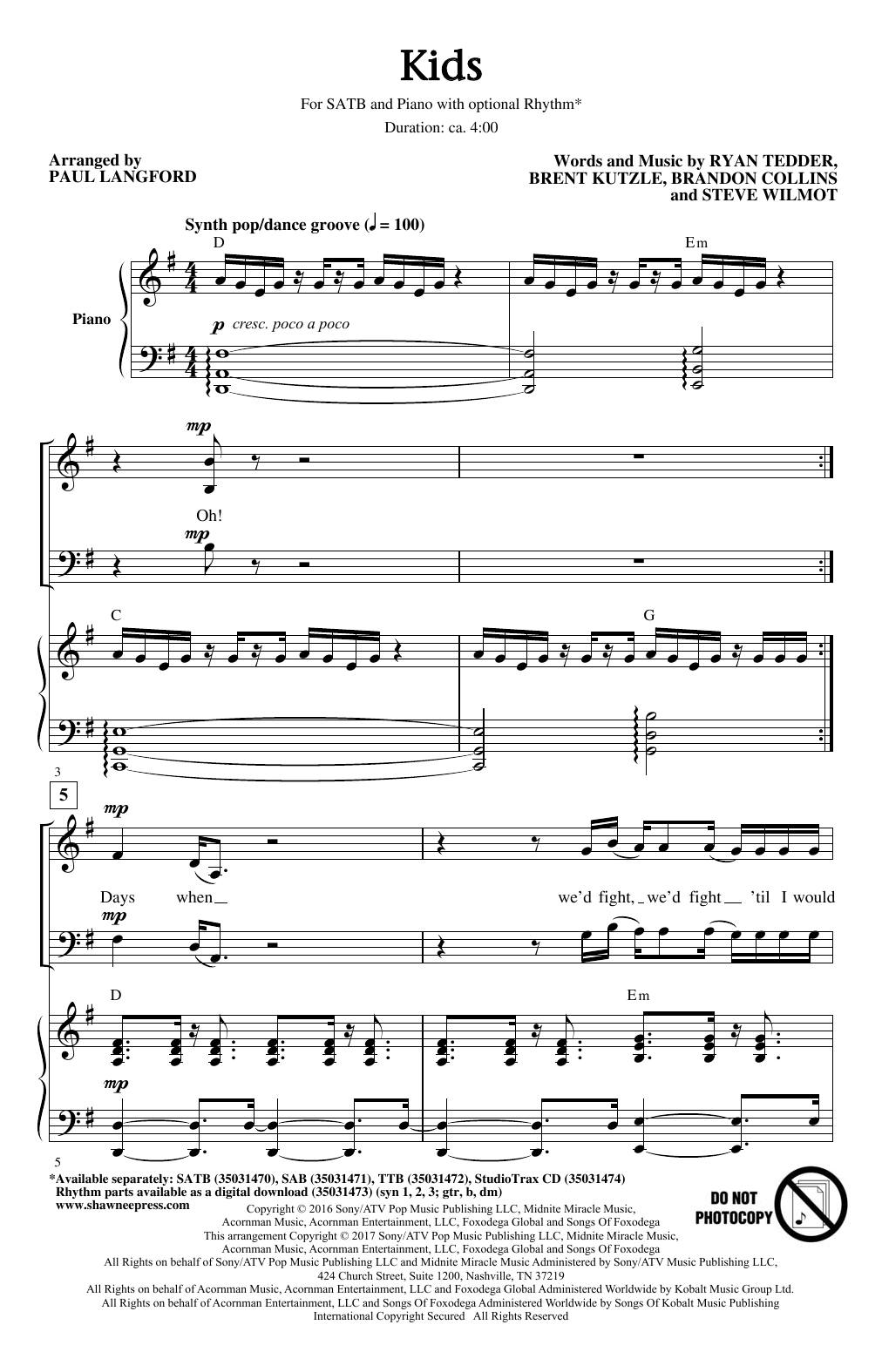 OneRepublic Kids (arr. Paul Langford) sheet music notes and chords arranged for SAB Choir