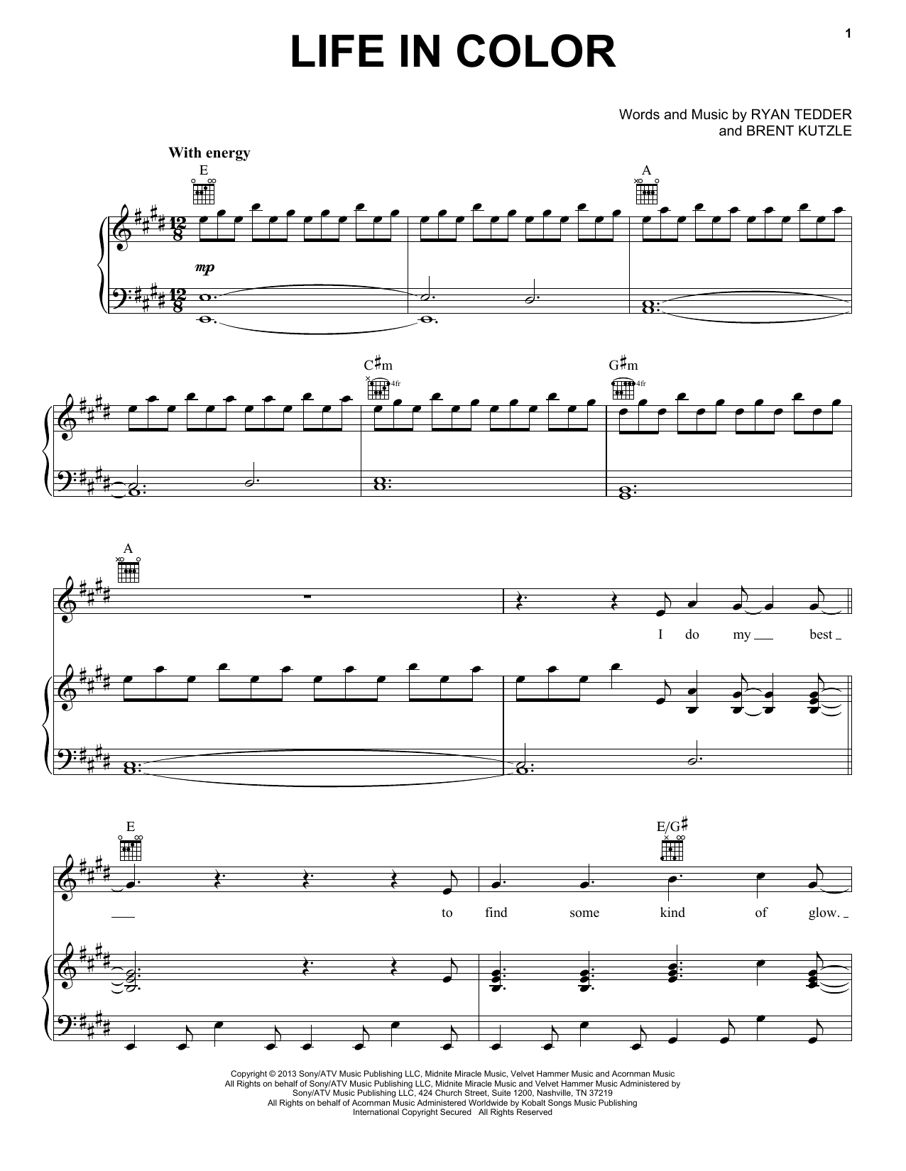 OneRepublic Life In Color sheet music notes and chords arranged for Piano, Vocal & Guitar Chords (Right-Hand Melody)