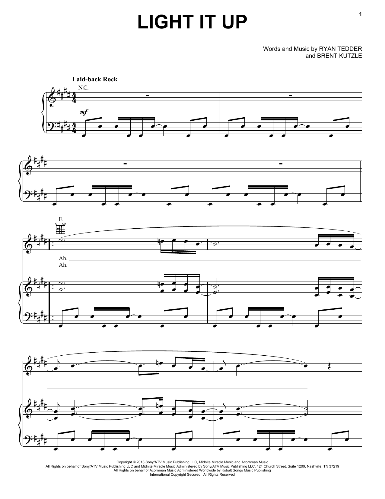 OneRepublic Light It Up sheet music notes and chords arranged for Piano, Vocal & Guitar Chords (Right-Hand Melody)
