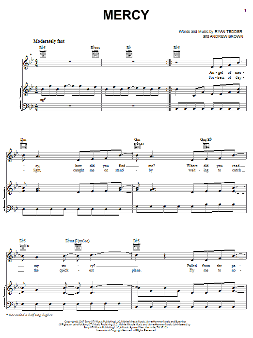 OneRepublic Mercy sheet music notes and chords arranged for Piano, Vocal & Guitar Chords (Right-Hand Melody)