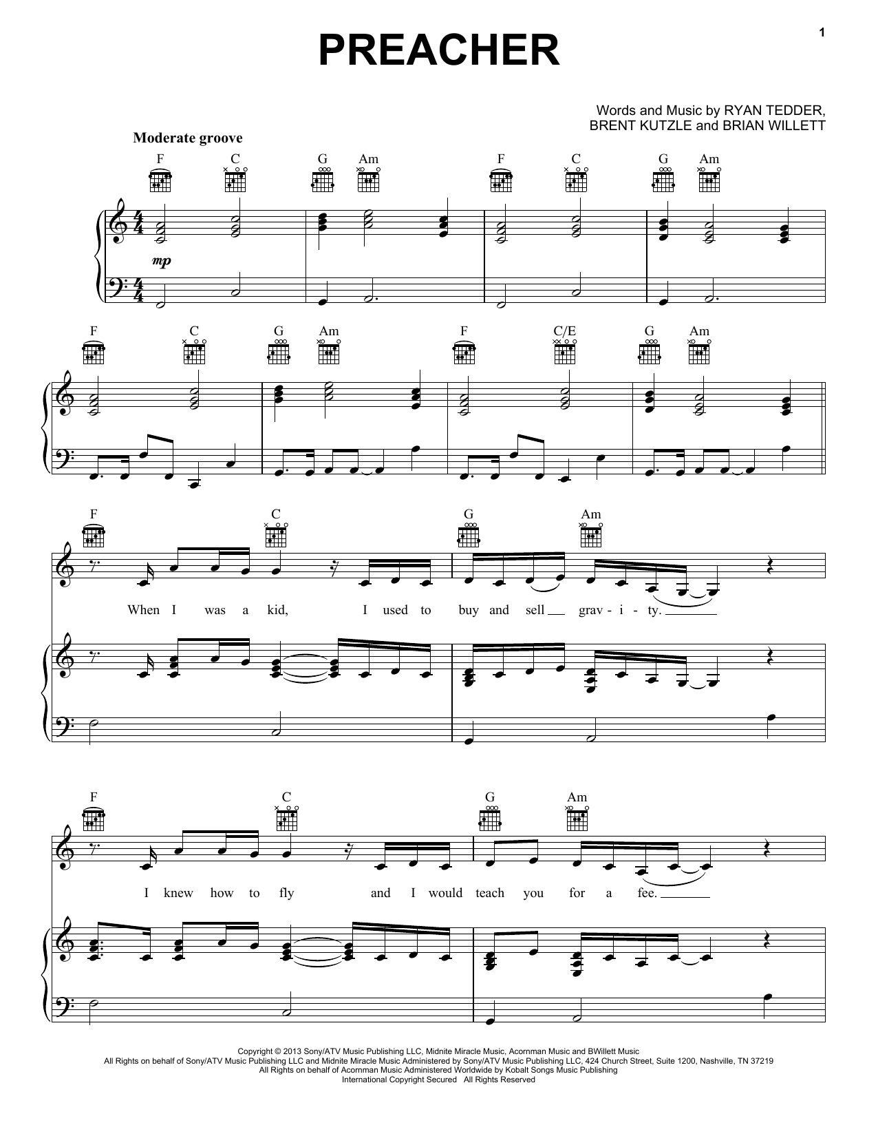 OneRepublic Preacher sheet music notes and chords arranged for Piano, Vocal & Guitar Chords (Right-Hand Melody)