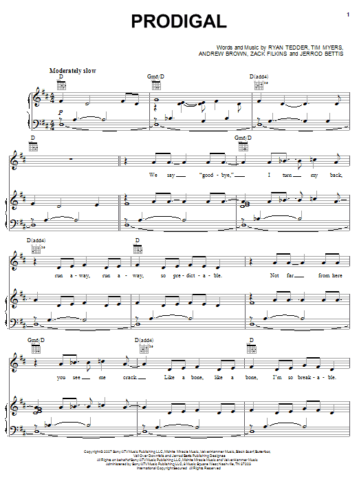 OneRepublic Prodigal sheet music notes and chords arranged for Piano, Vocal & Guitar Chords (Right-Hand Melody)
