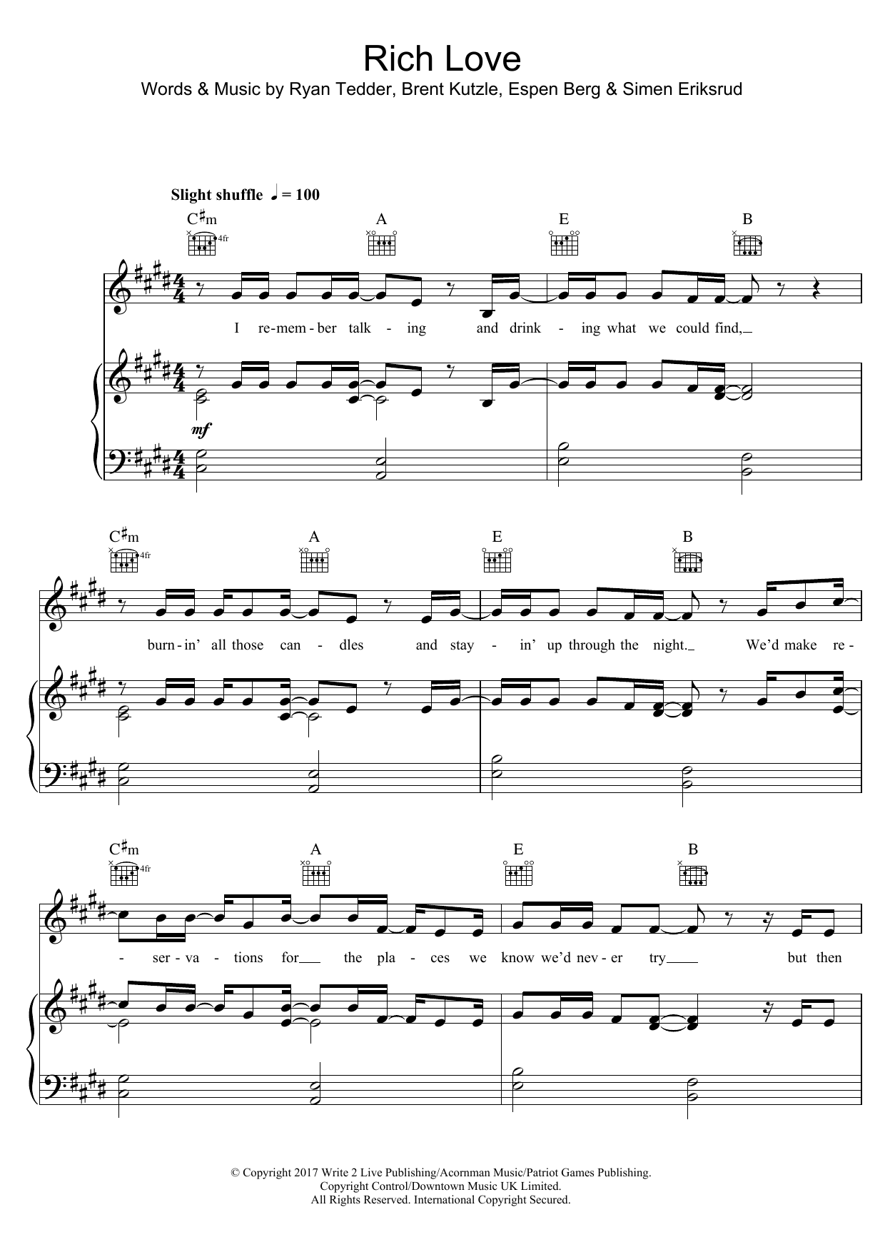 OneRepublic Rich Love (featuring Seeb) sheet music notes and chords arranged for Piano, Vocal & Guitar Chords