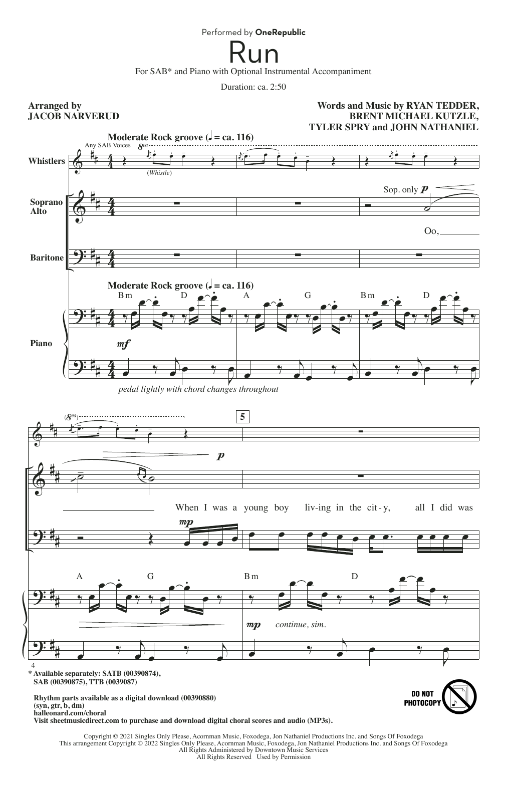 OneRepublic Run (arr. Jacob Narverud) sheet music notes and chords arranged for SAB Choir